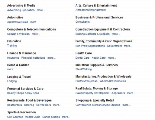 Sample display of QuickLinks on the Business Directory Search page